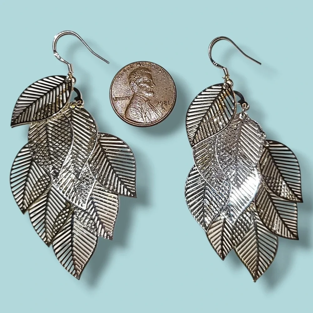 Silver‎ Tone Leaf Chandelier Dangle Earrings 925 Hooks Statement Boho